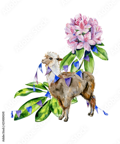 Watercolor cartoon illustration of cute alpaca with pink rhododendron flowers, azalea, schefflera leaves. Interior artwork and nursery room decoration. Fantasy animal llama print.