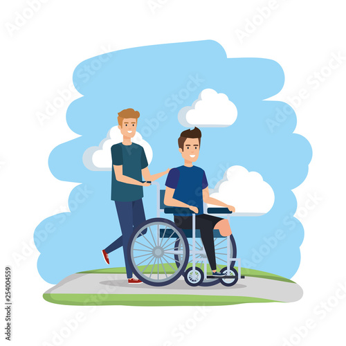 young man in wheelchair with male helper