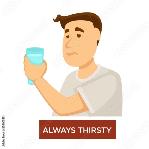 Always thirsty diabetes symptom dehydration isolated character with water cup