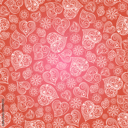 Seamless background pattern with hearts. The ornament consisting of white hearts on a red background. Use for wallpaper, gift wrapping, for the manufacture of cards for St. Valentine's Day.