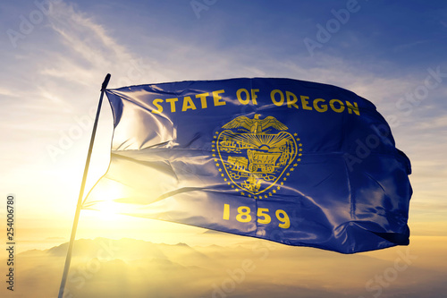 Oregon state of United States flag waving on the top sunrise mist fog photo