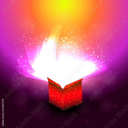 Template postcard or banner for the holiday in warm colors of orange and purple with a red gift in the center that explodes with sparkles and stars.