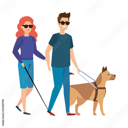 blind woman with helper and guide dog
