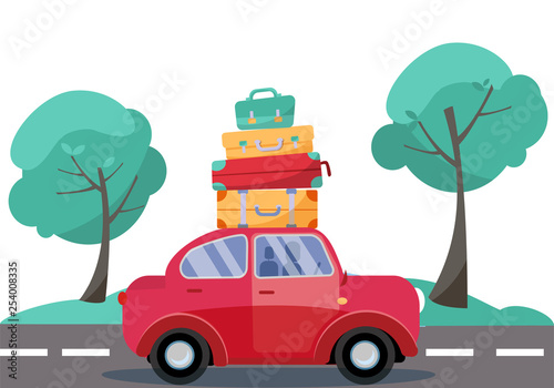 Red car with baggage on the roof. Summer family traveling by car. Flat cartoon vector illustration. Car Side View With stack of suitcases on background of green trees. Many bags on the top of vehicle