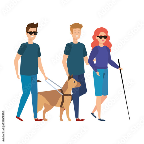 blind woman with helper and guide dog