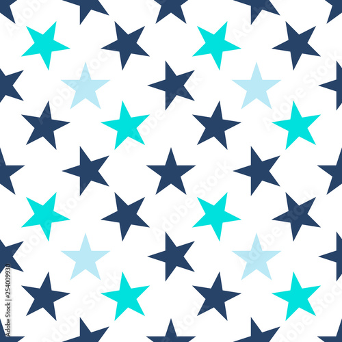 Seamless pattern with navy blue, turquoise stars on white background. Geometrical background. Vector illustration.