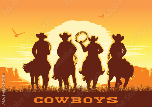 Cowboys silhouette riding horses at sunset landscape. Vector prairie desert with sun and canyon