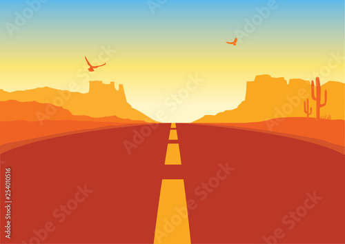 American road in desert landscape. Vector Arizona prairie background © GeraKTV