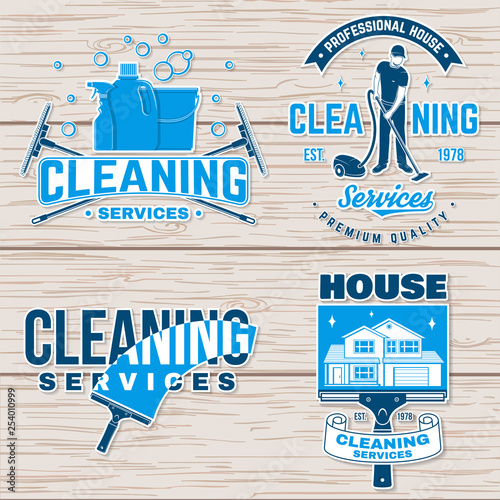 Cleaning company badge, emblem. Vector illustration. Concept for shirt, stamp or sticker. Vintage typography design with cleaning equipments. Cleaning service sign for company related business