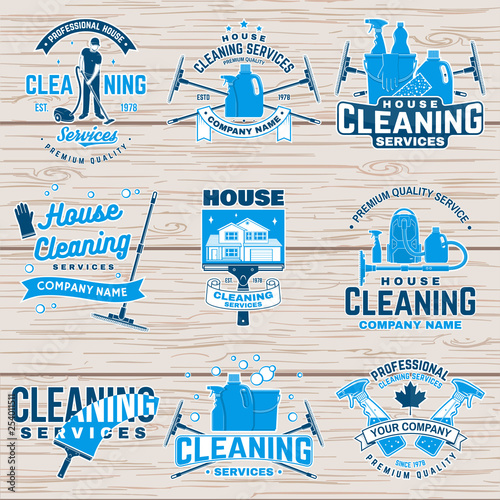 Cleaning company badge, emblem. Vector illustration. Concept for patch, stamp or sticker. Vintage typography design with cleaning equipments. Cleaning service sign for company related business