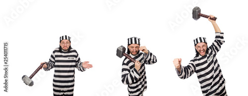 Prison inmate with hammer isolated on white