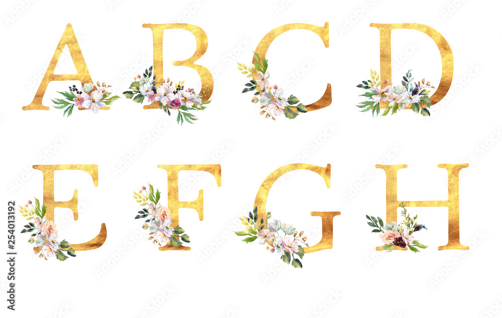 Naklejka premium Collection romantic gold letters with drawn watercolor flowers. Elegant emblem for book design, brand name, wedding invitation thanks card