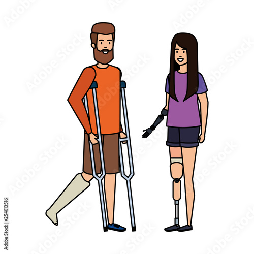 man in crutches with woman with prosthesis