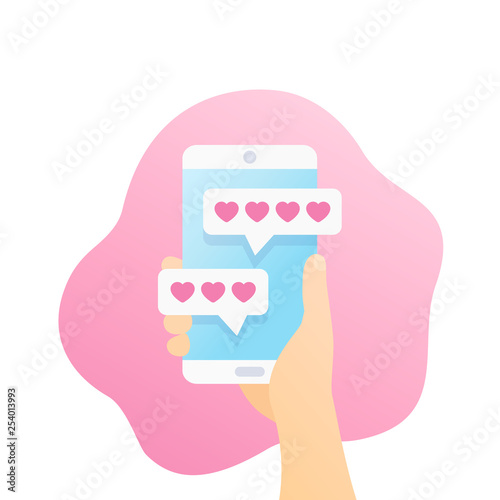 Online dating app and chat, smartphone in hand, vector photo
