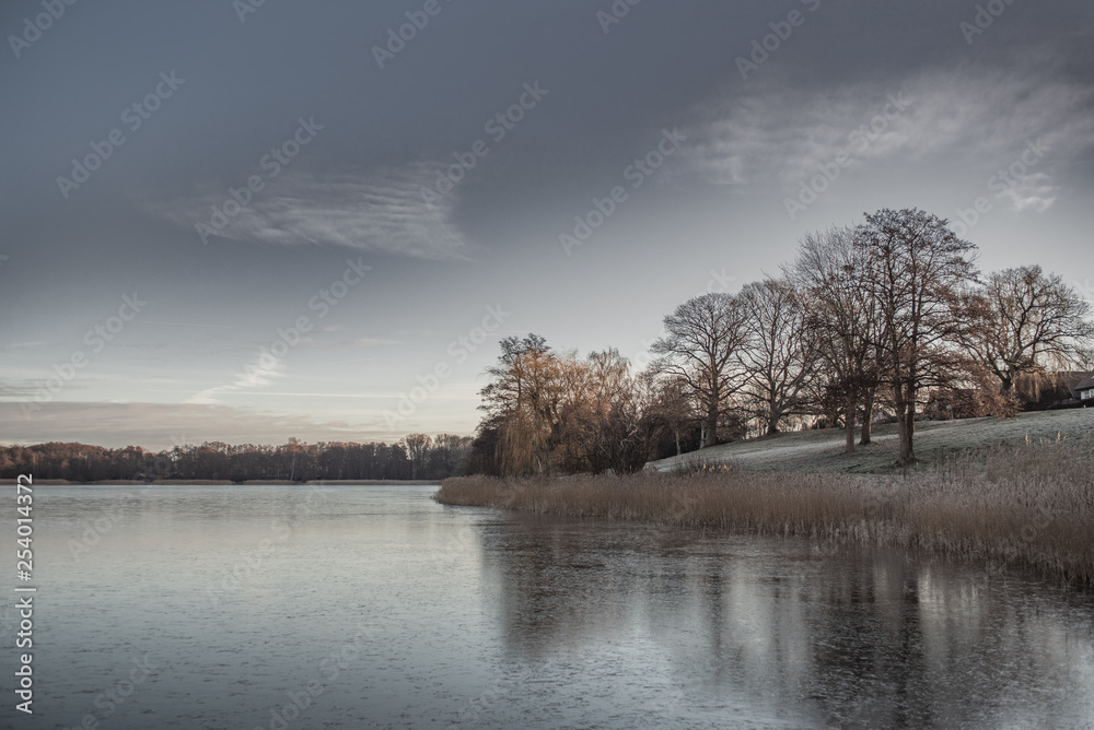 Trees reflecting in frozen lake during winter time Trees reflecting in frozen lake during winter time
