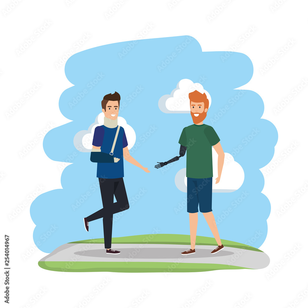 man helping person with orthopedic collar and plastered arm