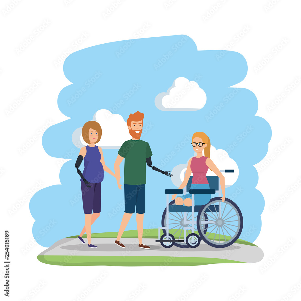 young woman in wheelchair with friends
