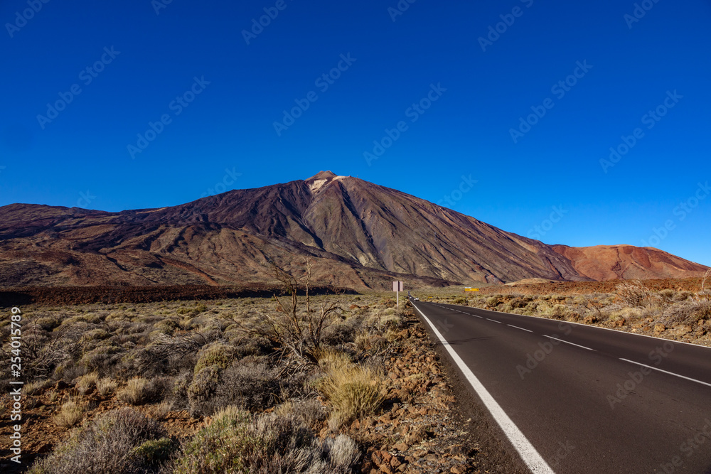 Straight road and Teide volcano in Tenerife