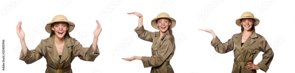 Fototapeta premium Woman wearing safari hat on white