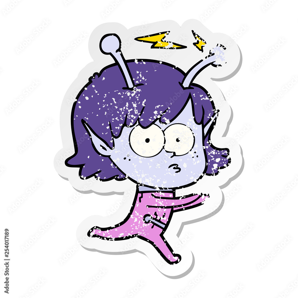 distressed sticker of a cartoon alien girl distressed sticker of a cartoon alien girl