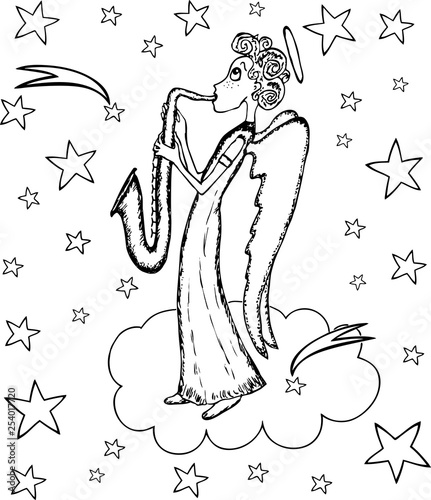 Vector drawing of an angel trumpeter on a cloud