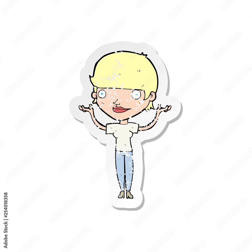 retro distressed sticker of a cartoon woman holding arms in air retro distressed sticker of a cartoon woman holding arms in air