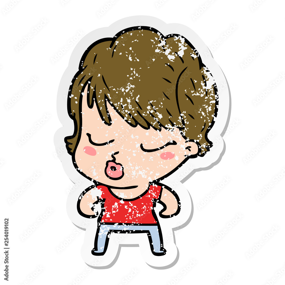 distressed sticker of a cartoon woman with eyes shut distressed sticker of a cartoon woman with eyes shut