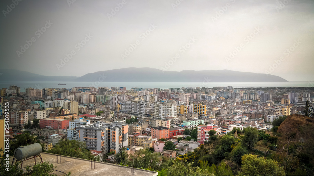 Aerial panoramic view to Vlore city and sea, Albania