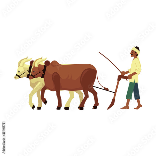 Vector happy indian farmer barefood in headscarf