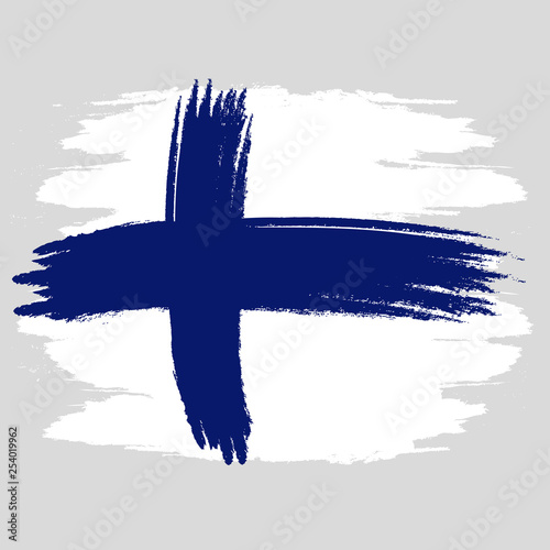 Flag of Finland. Brush painted Flag of Finland. Hand drawn style illustration with a grunge effect and watercolor. Flag of Finland with grunge texture. Vector illustration