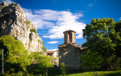 Exterior view to St. Nicola Shishevski monastery at the mountains above Matka Canyon, North Macedonia