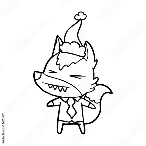 angry wolf boss line drawing of a wearing santa hat