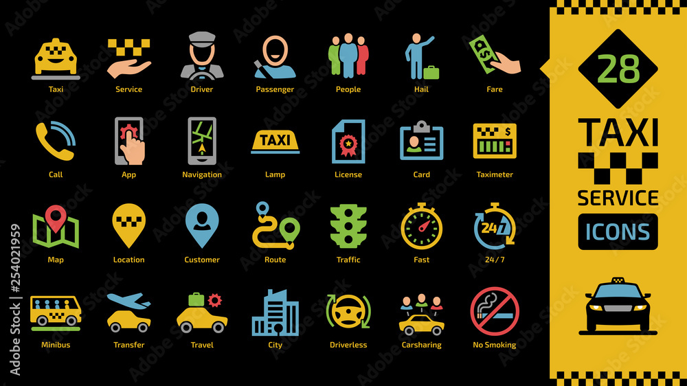 Φωτογραφία Vector taxi cab car service color icon set on a black background with motor transport, driver, passenger on travel, people and city traffic flat colorful silhouette sign