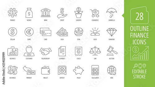 Vector business and finance editable stroke line icon set with money, bank, check, law, auction, exchance, payment, wallet, deposit, piggy, calculator, web and more isolated outline thin symbol.