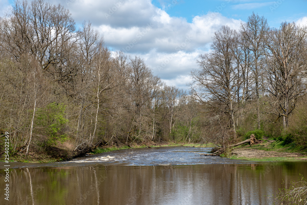 riverside landscape in latvia with dark water and dirty shore line riverside landscape in latvia with dark water and dirty shore line