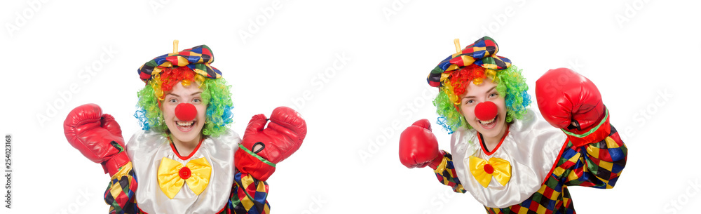 Clown with boxing gloves isolated on white Clown with boxing gloves isolated on white
