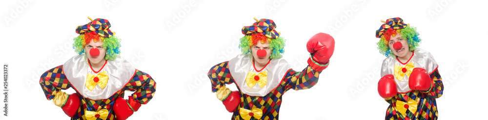 Clown with boxing gloves isolated on white Clown with boxing gloves isolated on white