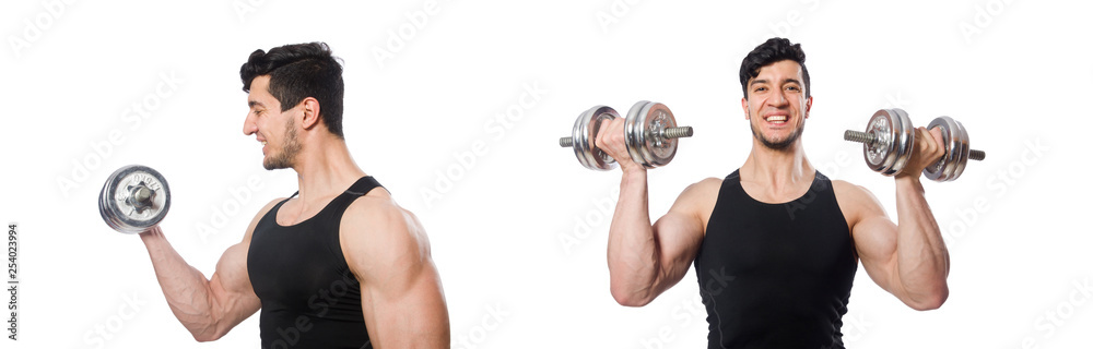 Man with dumbbells isolated on white Man with dumbbells isolated on white