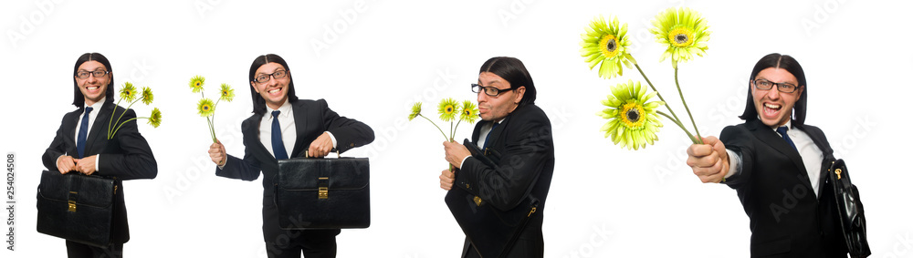 Handsome businessman with flower and brief case isolated on whit Handsome businessman with flower and brief case isolated on whit