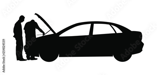 Broken car accident on road. Car with open hood. Mechanic assistance to customer. Auto service and repair center. diagnostic problem, check the oil level in engine. Insurance concept. Help for travel.