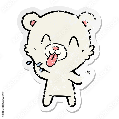 distressed sticker of a rude cartoon polar bear sticking out tongue