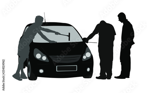 Man washing automobile windows vector silhouette illustration isolated white background. Car wash center. Boy taking care about car in washing service. Worker clean windows. Pit stop cleaning vehicle.
