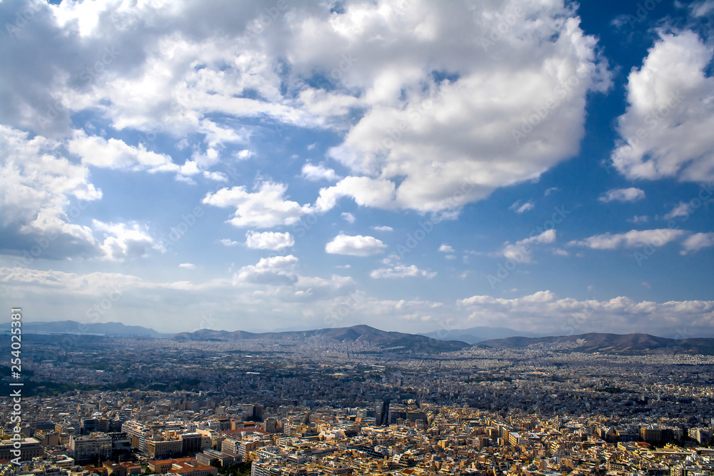 Beautiful cityscape, view of the city and the sea above the point. Greece, Athens, Acropolis.