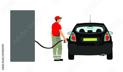 Worker on gas station fill the machine with fuel vector illustration. Car fill with gasoline. Gas station pump. Man filling gasoline fuel in car holding nozzle.Pumping gasoline fuel in vehicle.