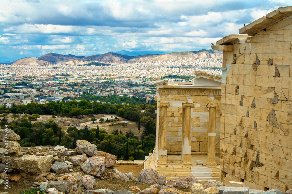 Beautiful cityscape, view of the city and the sea above the point. Greece, Athens, Acropolis.