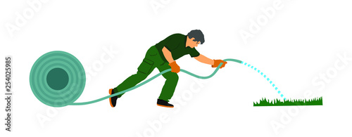 Landscaper watering grass in park vector illustration isolated on white background. Gardener man hand holding water rubber hose tube. Farmer worker outdoor activity. Public field working.