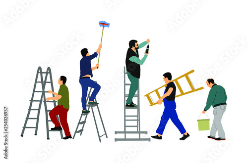 Painter workers on ladder vector illustration isolated on white. Man decorator painting wall with paint brush roller. Crew renovation home. Handyman move in job. Washing window cleaning service action