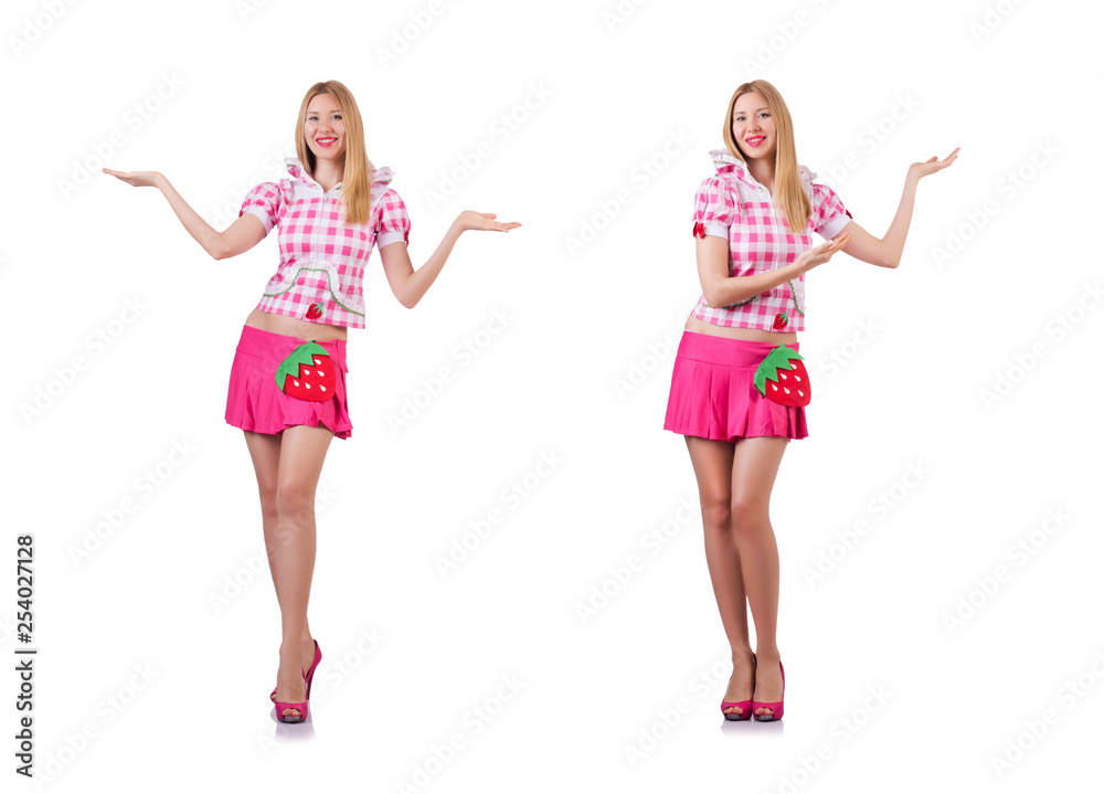 Sexy young girl in pink holding isolated on white Sexy young girl in pink holding isolated on white