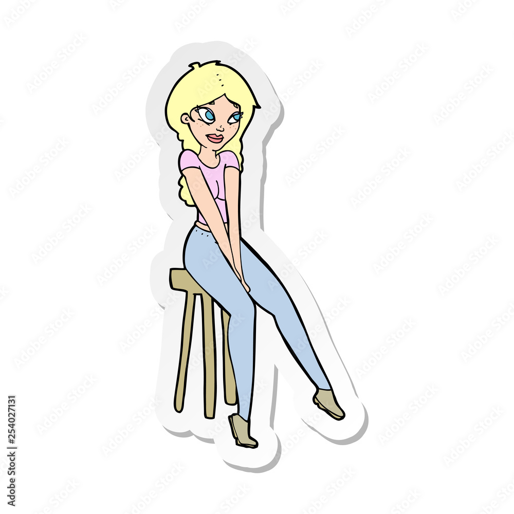 sticker of a cartoon pretty girl on stool sticker of a cartoon pretty girl on stool