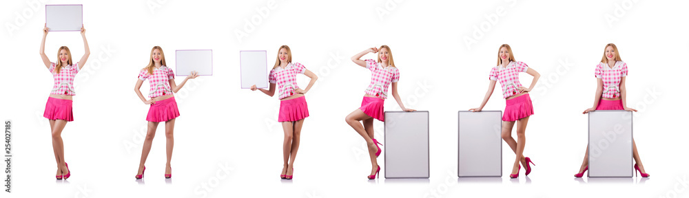 Blonde girl in pink with poster isolated on white Blonde girl in pink with poster isolated on white